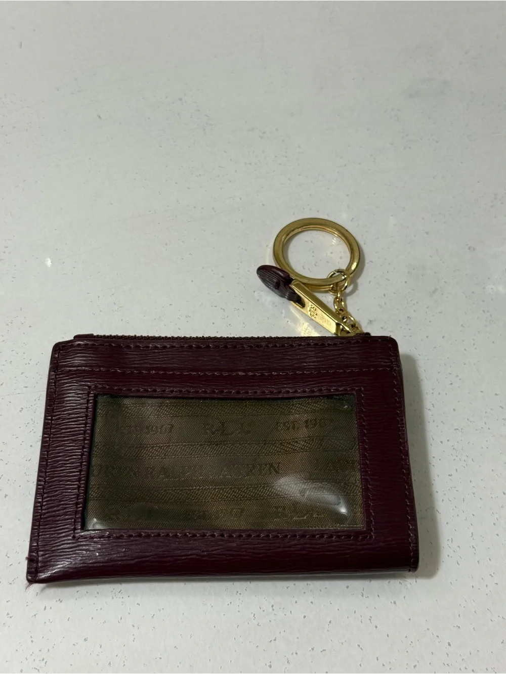 Ralph Lauren Deep Burgundy Leather Key & Card Holder with Gold RL Plaque